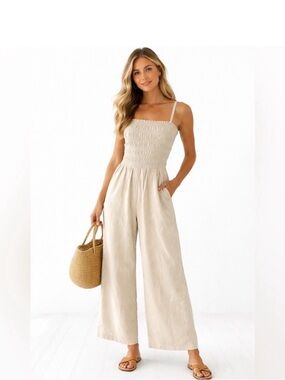 Universal Thread Beige Smocked Wide-Leg Jumpsuit